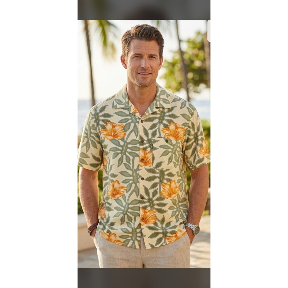 JOE MARLIN Summer Vacation Yellow Hawaiian Short Sleeve Button Down Shirt Sz L